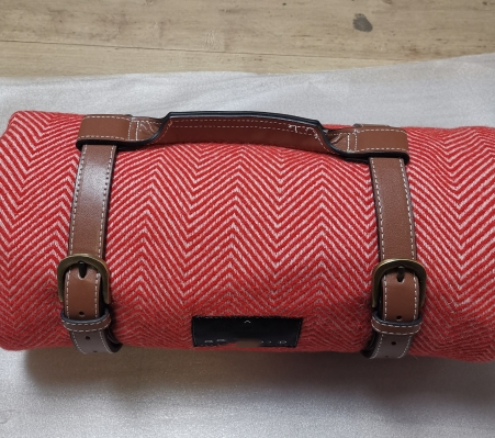wool picnic blanket outdoor blanket camping blanket,logo brand and faux leather strip