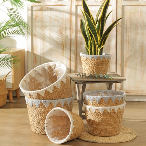 hand woven rush basket plant pot with plastic liner