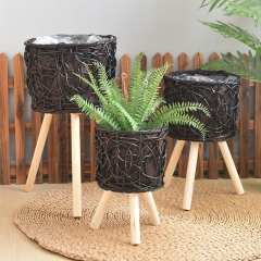 hand woven pe rattan basket plant pot with stand