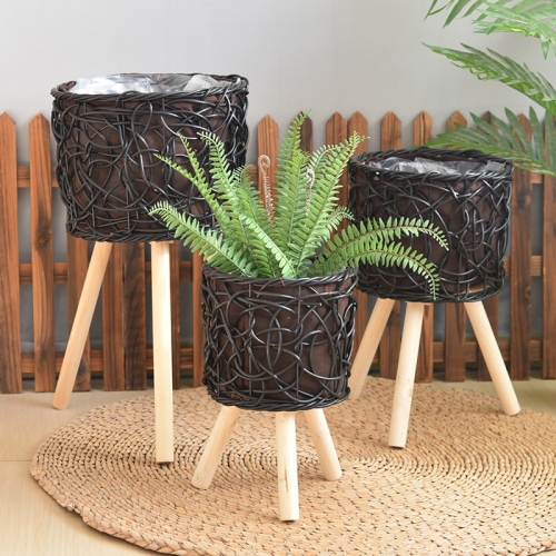 hand woven pe rattan basket plant pot with stand