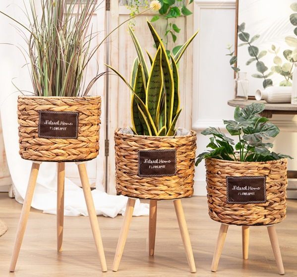 hand woven water hyacinth basket plant pot with stand