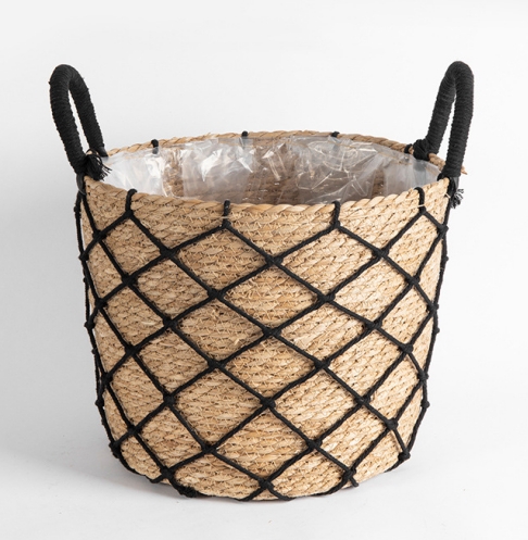 hand woven rush basket plant pot with plastic liner